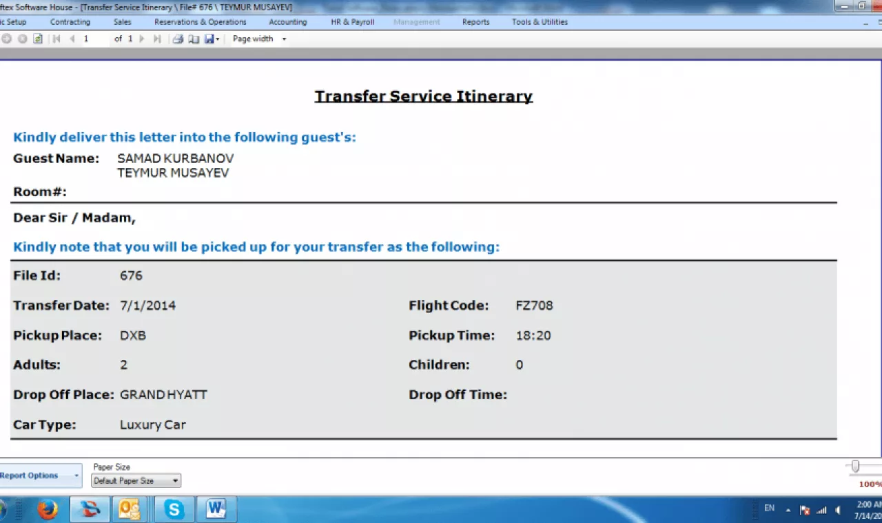 Transfer service itinerary ..