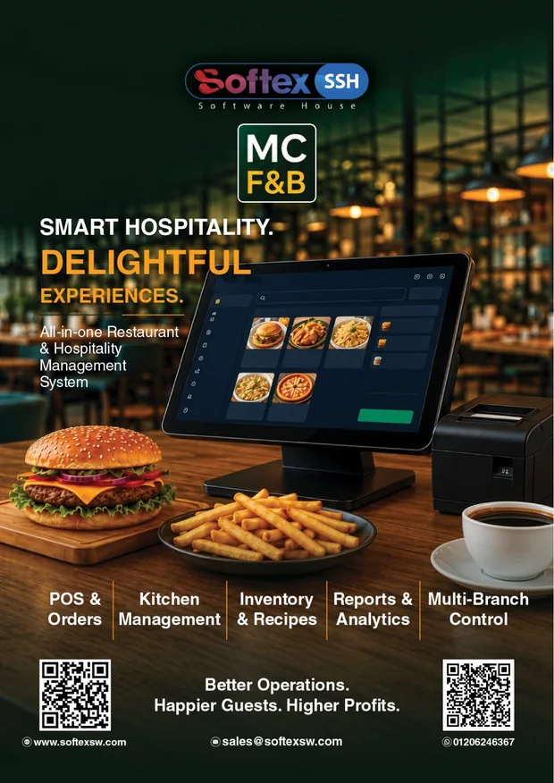 MC F&B flyer — Smart hospitality. Delightful experiences. All-in-one Restaurant & Hospitality Management System: POS & Orders, Kitchen Management, Inventory & Recipes, Reports & Analytics, Multi-Branch Control.